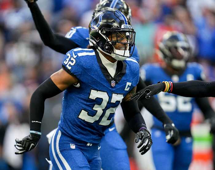 Oct 22, 2023; Indianapolis, Indiana, USA; Indianapolis Colts safety Julian Blackmon (32) runs down field after intercepting a pass during a game against the Cleveland Browns at Lucas Oil Stadium. Mandatory Credit: Bob Scheer-USA TODAY Sports